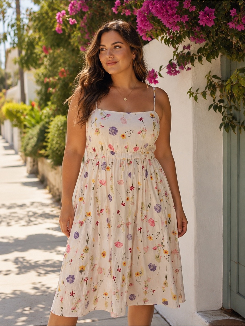 LOFT Cream Floral Midi Dress with Pink & Purple Blooms